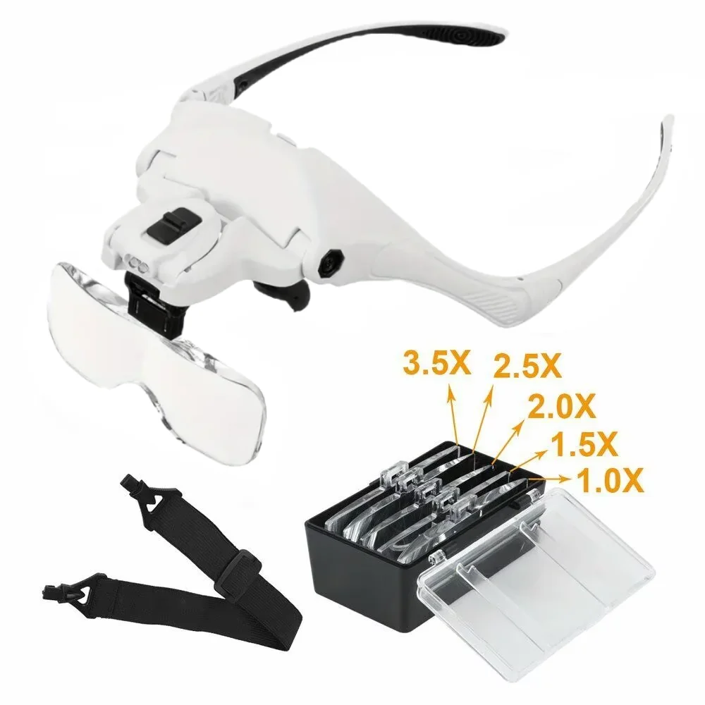 Magnifying Glass LED Light Head Loupe Jeweler Watch Bright Magnifier with 5 Lens