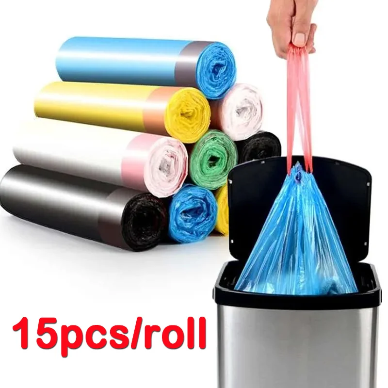 15pc/roll Drawstring Garbage Bag Disposable Thickened Garbage Bag Kitchen Cleaning Plastic Bag Household Garbage Bag Storage Bag