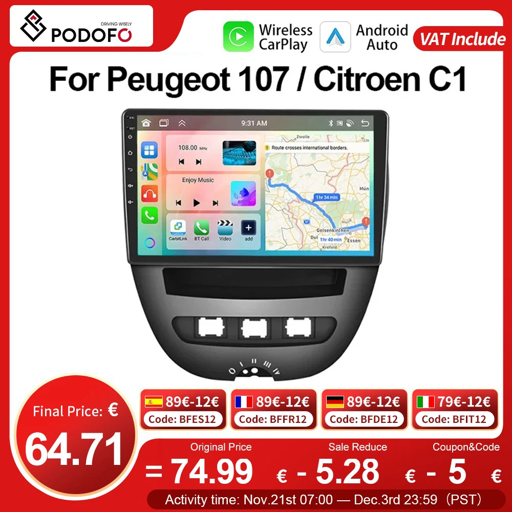 Podofo 4G CarPlay Android Radio For Peugeot 107 Citroen C1 Aygo 2 Multimedia Player 2din GPS Stereo Head Unit Ai Voice Autoradio