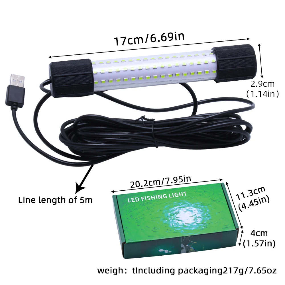 

6.69inch USB LED Fishing Light, 5m Cable Underwater Submersible Lamp, Waterproof Bait fishing Probe, Saltwater Angling Gear