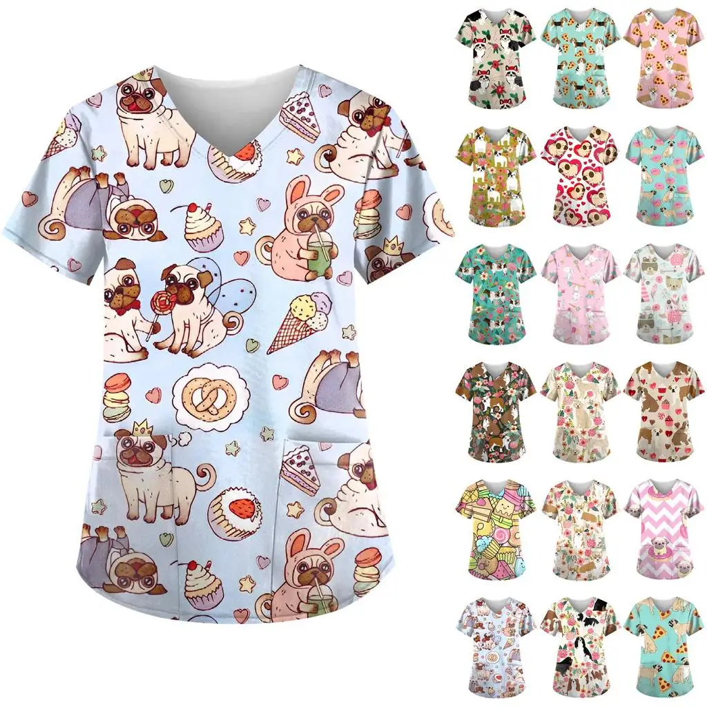 Women's work uniforms cute puppy animal fun print cartoon V-neck tops ladies shirts nurse work clothes medical uniforms