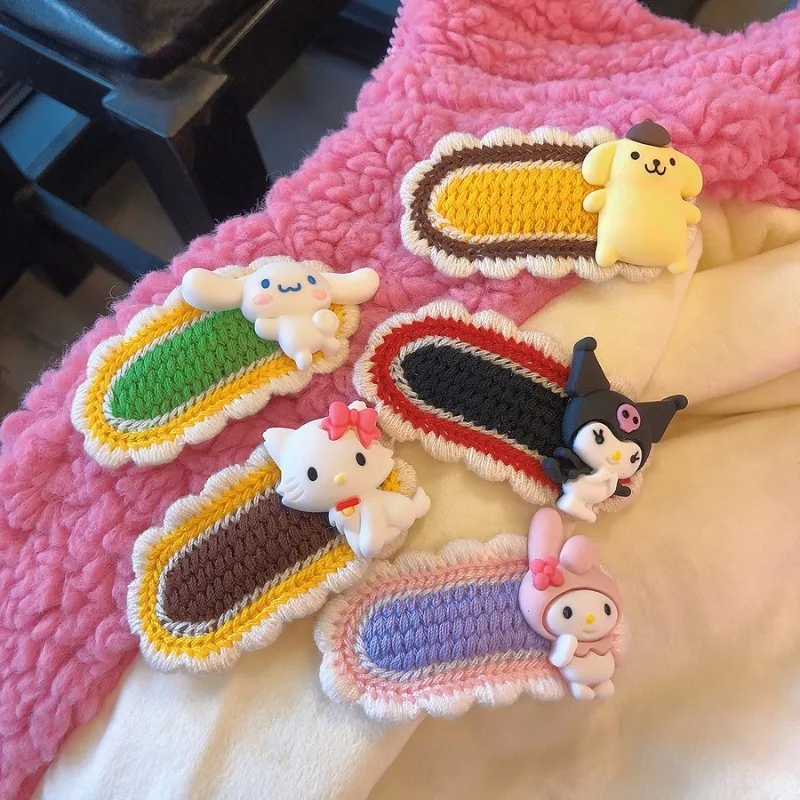 Sanrio Hello Kitty Cinnamoroll Kawaii Cute New Hairpin Wool Knitted Bangs Side Clip Sweet Cartoon Bb Clip Handmade Hairpin