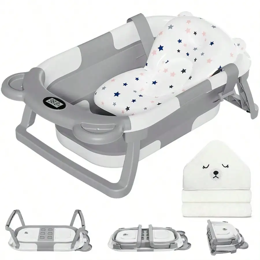

Collapsible Baby Bathtub with Thermometer, Hooded Towel & Cushion, Foldable Infant Tub for Newborn to Toddler, Drain Hole Design