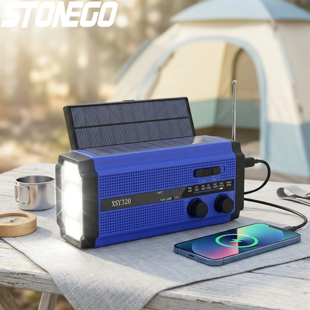 ソーラー充電式am-fm緊急ラジオ、クランクダイナモ、5000mah-led懐中電灯、読書灯、sos機能付き、キャンプ、ハイキング、アウトドアに最適