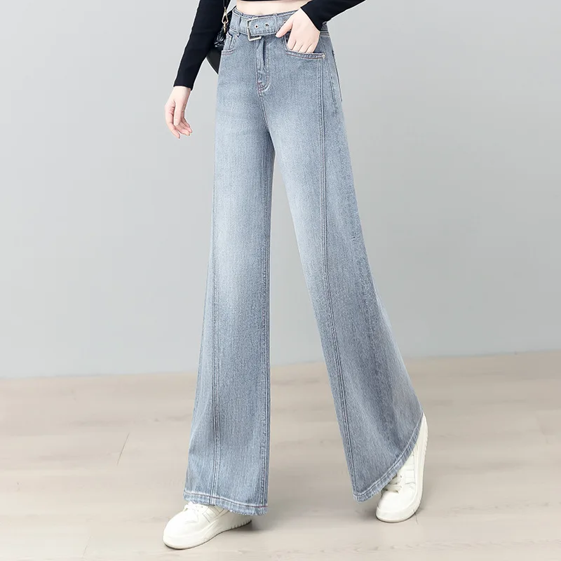 جينز رمادي فاتح للنساء، سروال مستقيم عالي الخصر للربيع والخريف متعدد الاستخدامات وفضفاض وبسيط