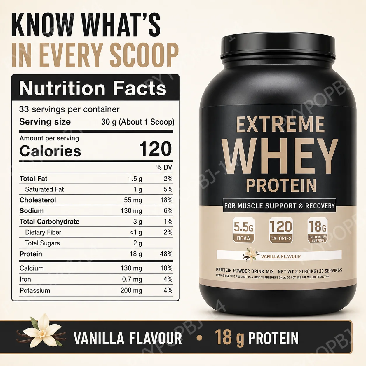Whey Protein Powder 18g Protein 5.5g BCAA, Vanilla Flavor for Muscle Support Recovery and Daily Sports Nutrition 33 Servings 1kg