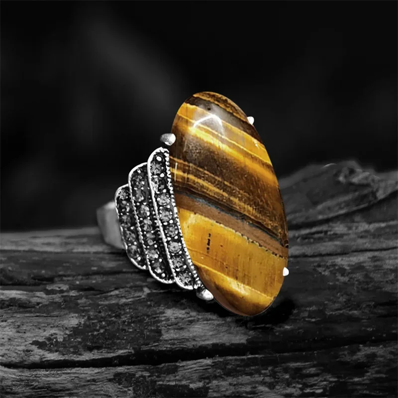 Vintage Eye Shape Natural Tiger Eye Rings For Women Antique Silver Plated Crystal Fashion Natural Stone Ring Free Shipping