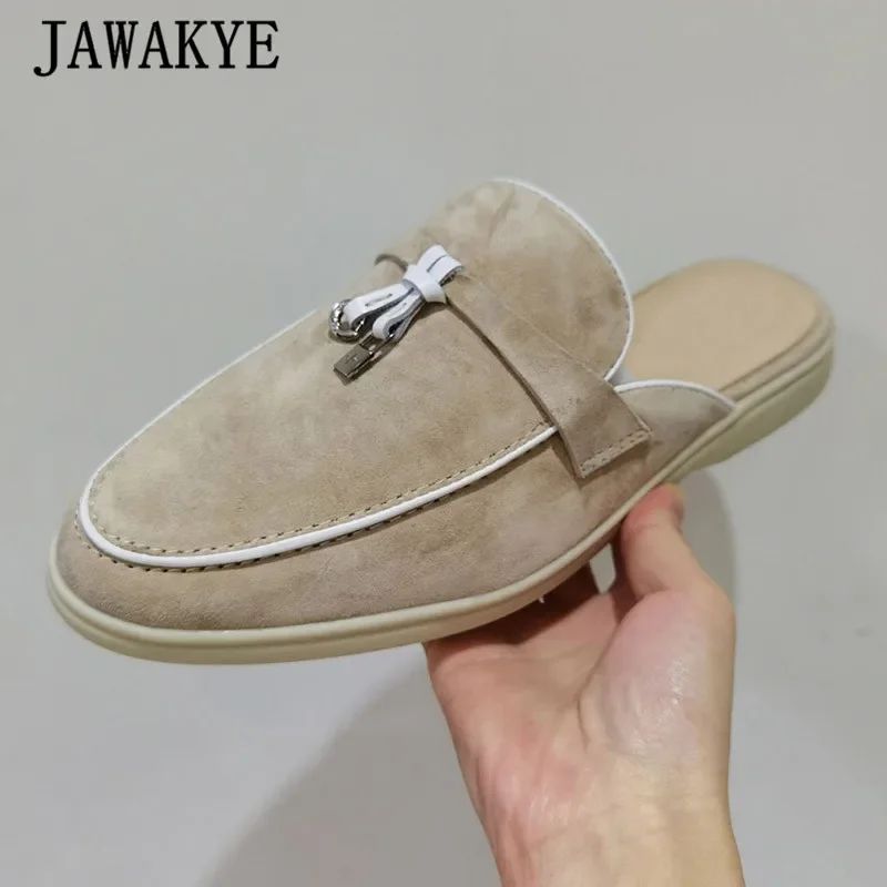 2024 New Leather Tassel Women Flat Mules Summer Walk Slides Suede Closed Toe Half Loafers Surround Comfort Casual Slippers Woman