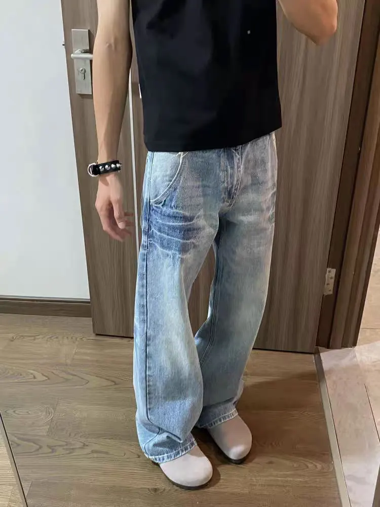 بنطلون جينز ريترو أمريكي متوهج فضفاض مستقيم الساق مايكرو متوهج كاجوال للرجال والنساء