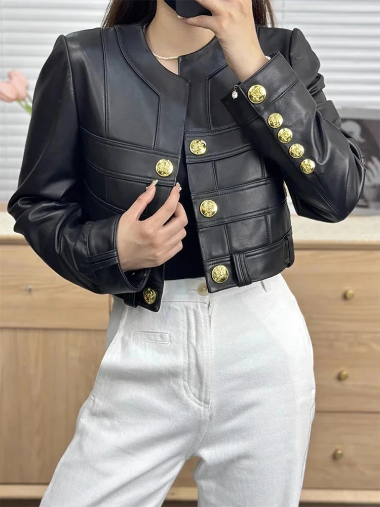 Leather Genuine Cropped Motorcycle Jacket for Women Spring Autumn 2024 New Gold Buttons Decoration Elegant O-neck Sheepskin Coat