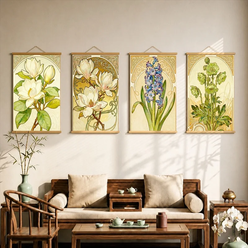 Wall Art Ornamental Muse and Flowing Flowers, Art Nouveau Pearlescent Canvas Hanging Scroll Decor for Gallery Exhibition Space