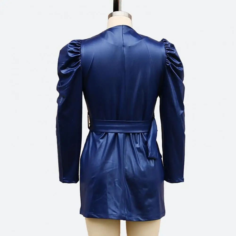 Женское мини-платье из искусственной кожи, элегантное платье с V-образным вырезом, рукавами-пузырьками и поясом на талии, для офиса, покупок, для поездок и осени