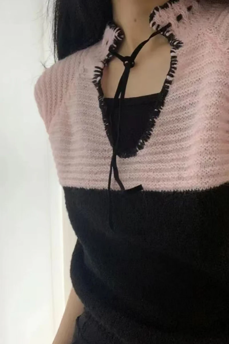

Chic ort Sve Knitted Top Women's Thin Design Sense Small Binding Hollow Color Match Slimming Personali Match All Ladies