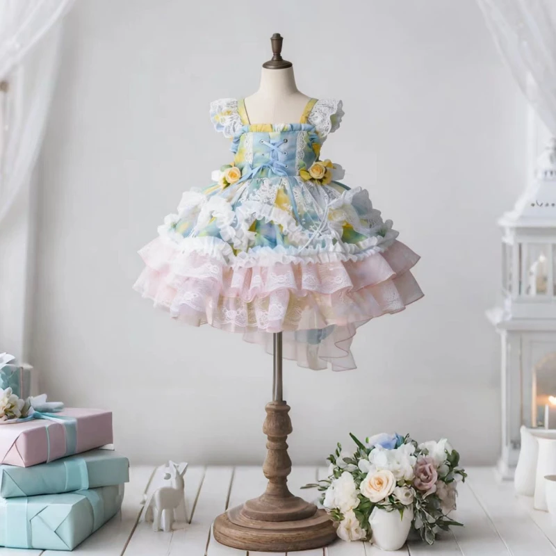 Kinder Lolita JSK Kleid Spitze Rüschen Spaghettiträger 3D-Blume Rosa Gerüschter Tüllrock Süßes Prinzessinnen-Teeparty-Kinderoutfit – Detail 6