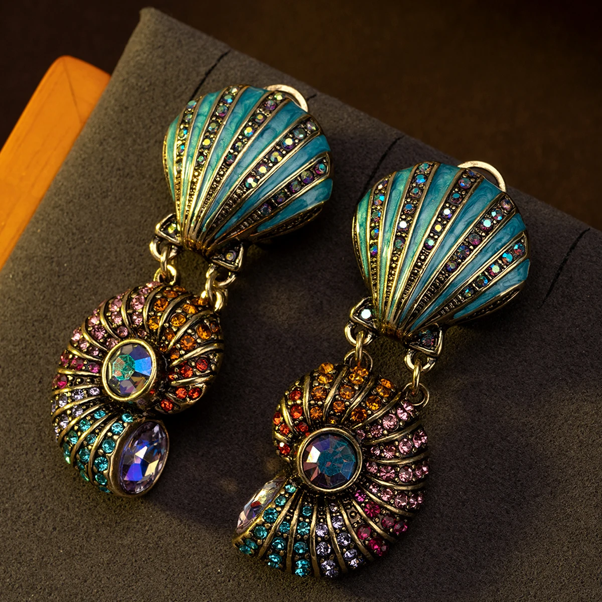 Vintage enamelled rhinestone shell earrings