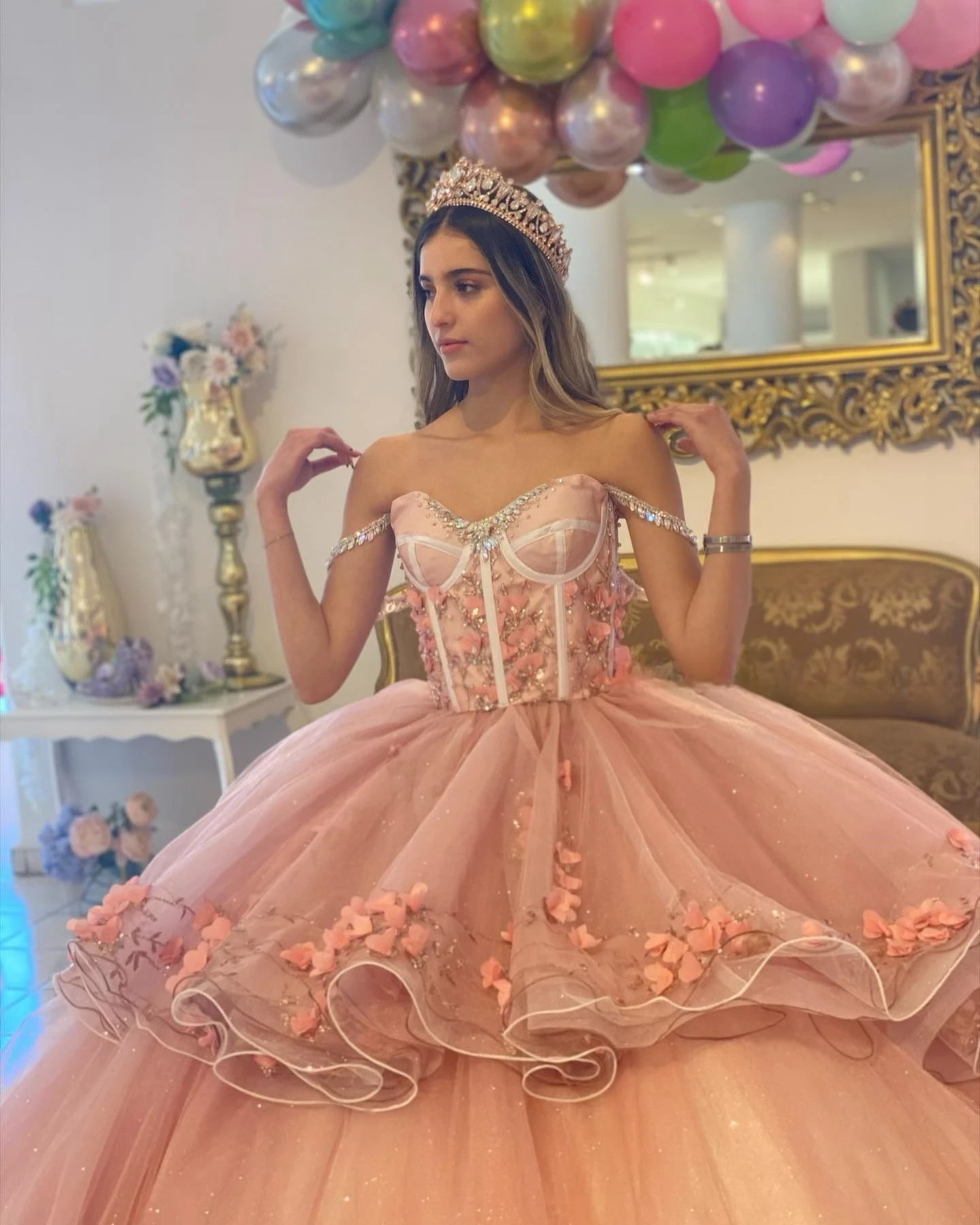 فساتين أميرة Quinceanera ، ثوب وردي ، زينة على شكل قلب من التل ، حلوة 16 فساتين ، 15 سنة ، مخصص