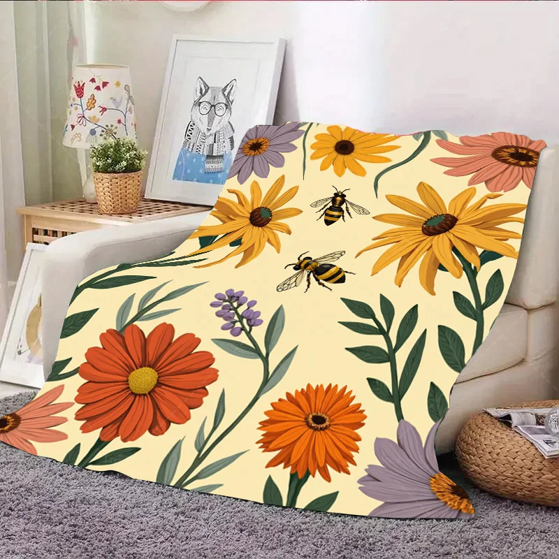 1 قطعة بطانية الفانيلا بطانية طباعة النحل الأزهار النابضة بالحياة لديكور المنزل المريح