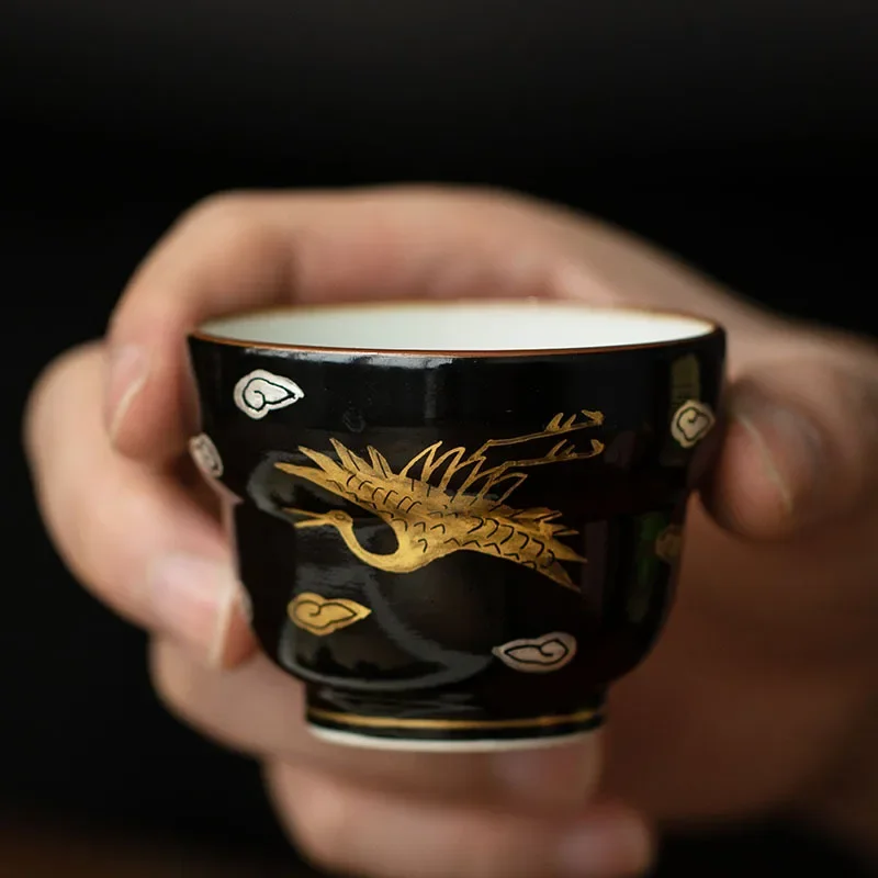 Handmade Gold and Silver Crane Teacup Master Cup Japanese Ceramics