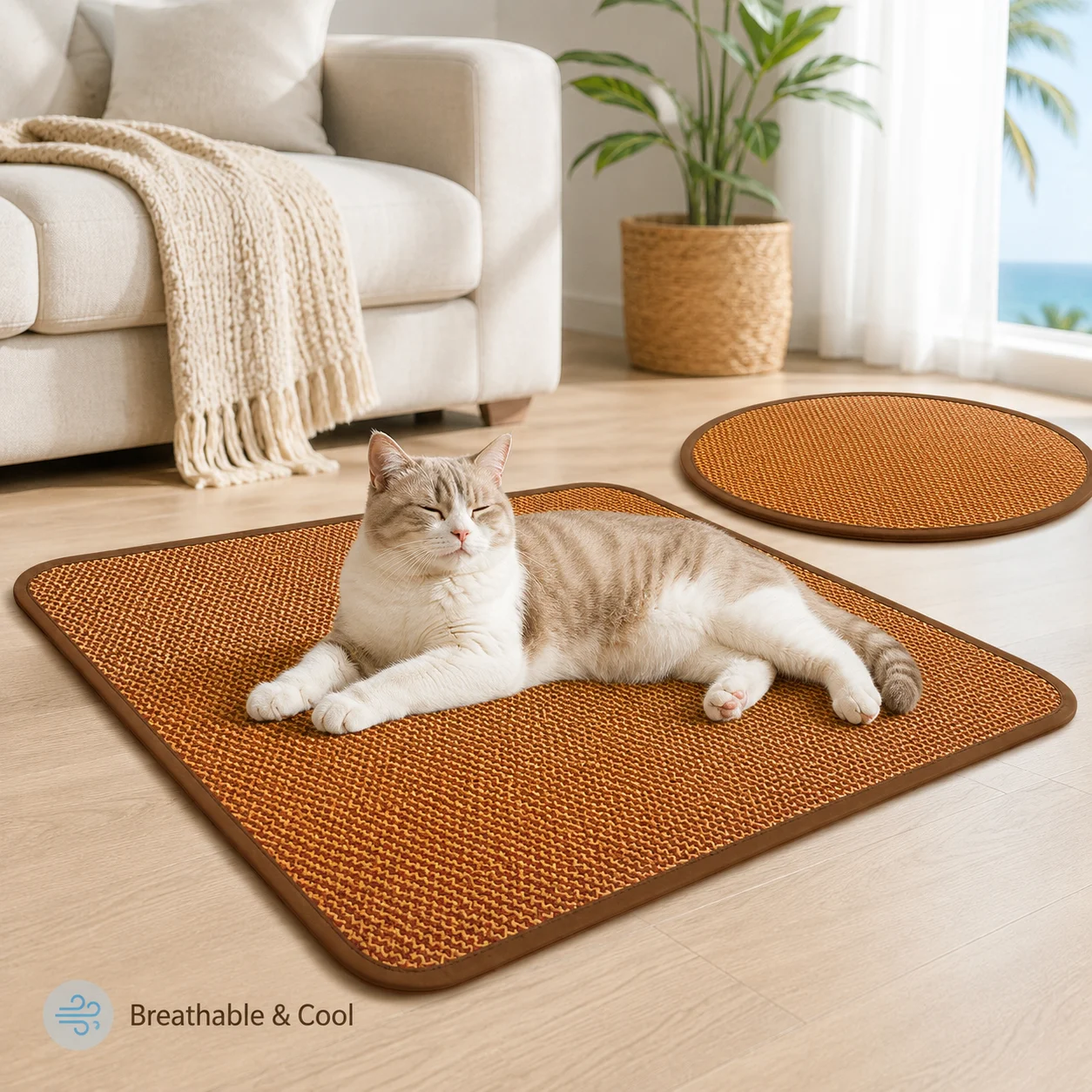 Summer Pet Cooling Mat for Cats and Small Dogs, Breathable Woven Rattan Style Pet Bed Mat, Washable Anti-Scratch Puppy Cat Sleep