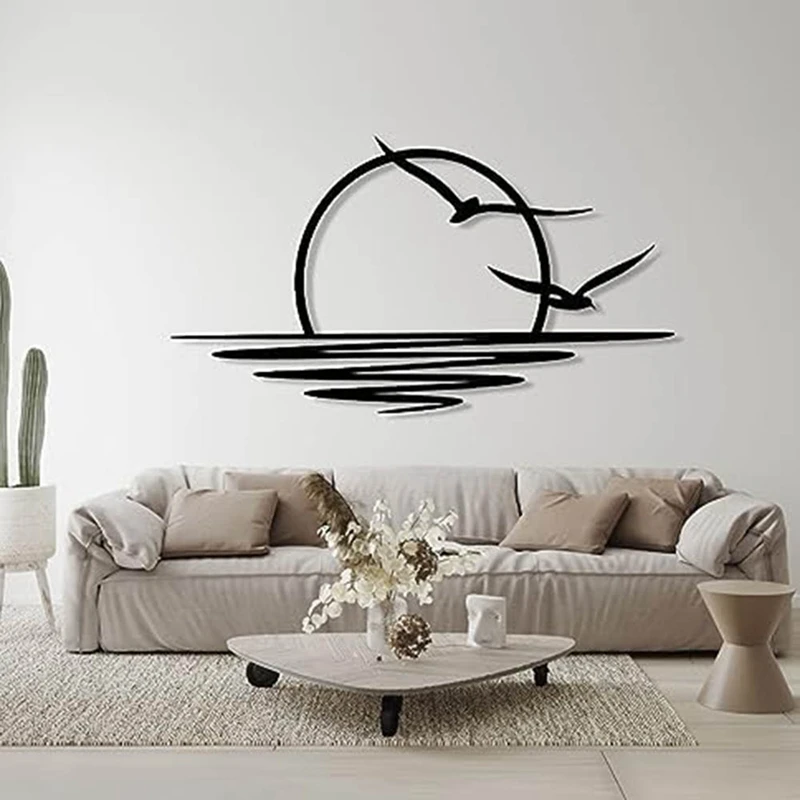 Sunrise Metal Wall Art, Sun And Seagulls Wall Decor, Metal Wall Decor, Abstract Sunset Home Decor, Minimalist Line Art