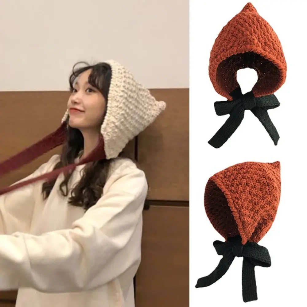 Woolen Yarn Knitted Loose Tie Up Hood Warm Loose Fitting Warm Hat Soft and Skin Friendly Windproof Ear Protection Hat