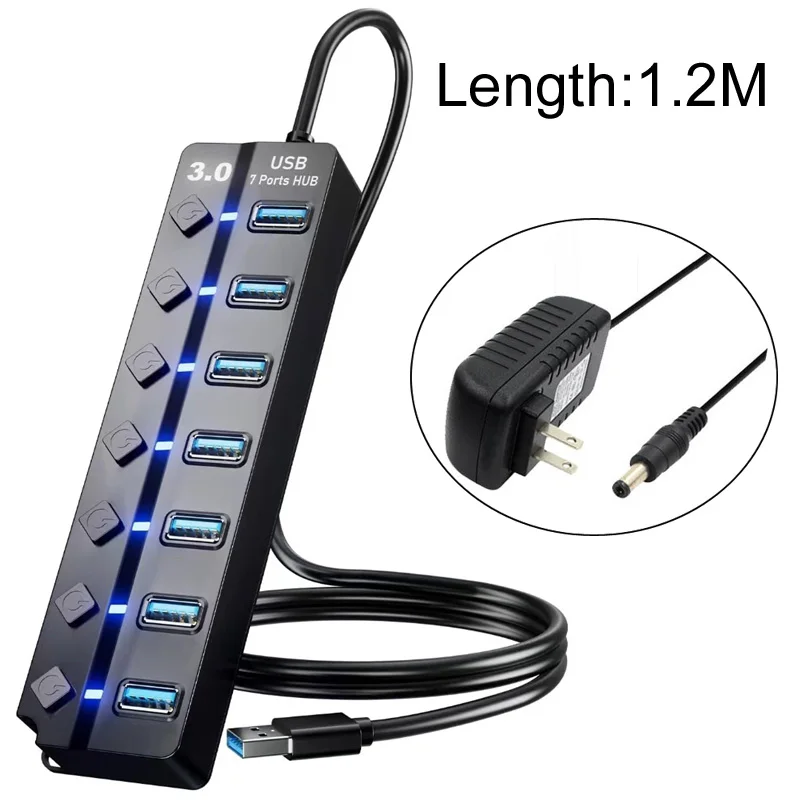 120CM 4/7-Port USB 3.0 Hub LED Indicator Switch For Laptop Flash Drive Hard Disk Printer Camera Keyboard AC 5V 2A Power DC CABLE