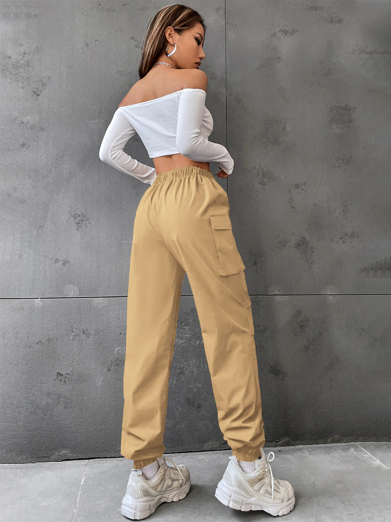 Solid Color Trendy Women's Loose Workwear Trousers Elastic Waist Multiple Pockets Cargo Pants Versatile Comfortable Fit