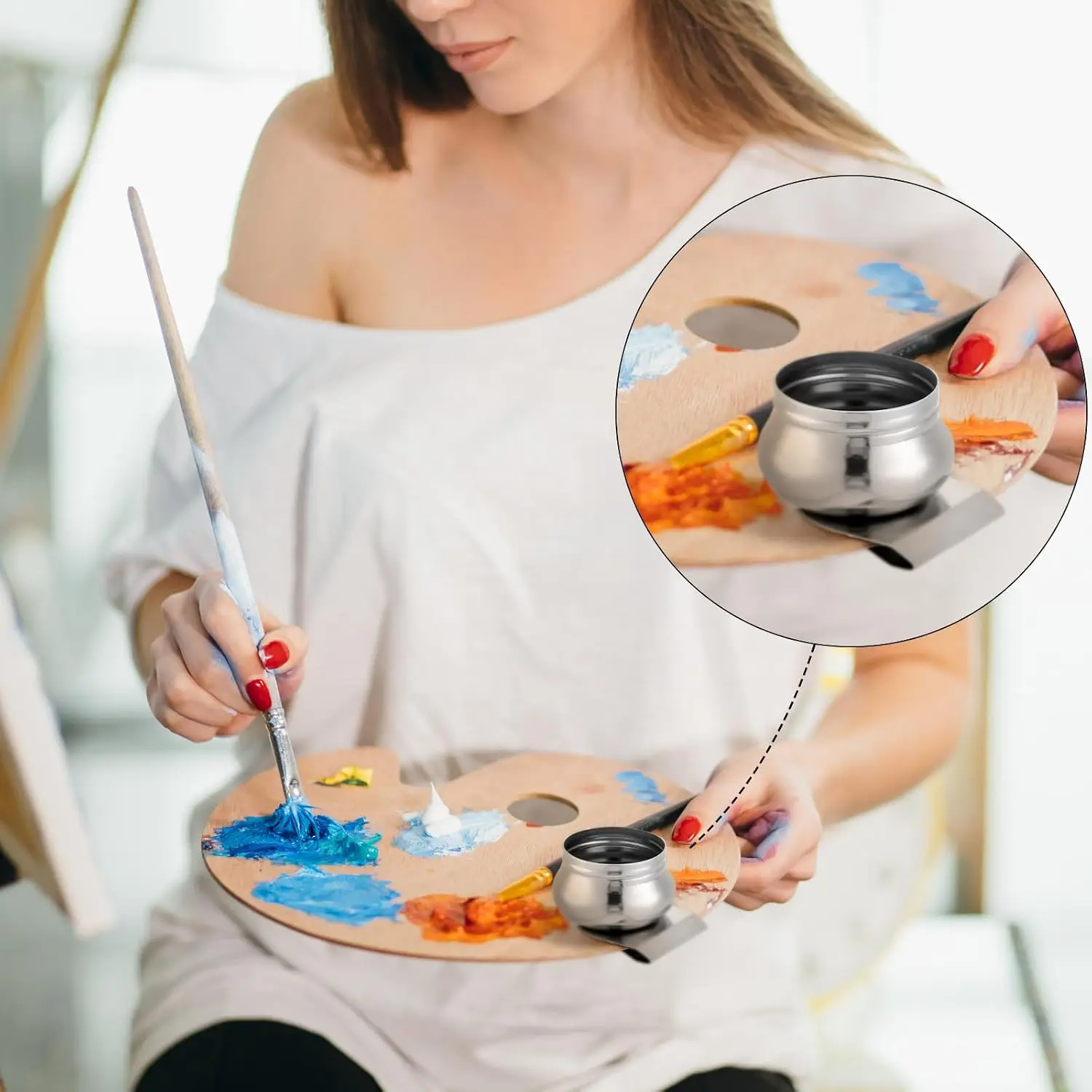 Stainless Steel Wide-Mouth Single Spoon Mixing Cup with Lid, Oil Paint Palette Jar,Painting Accessories,Leak-Proof Sealed Cup