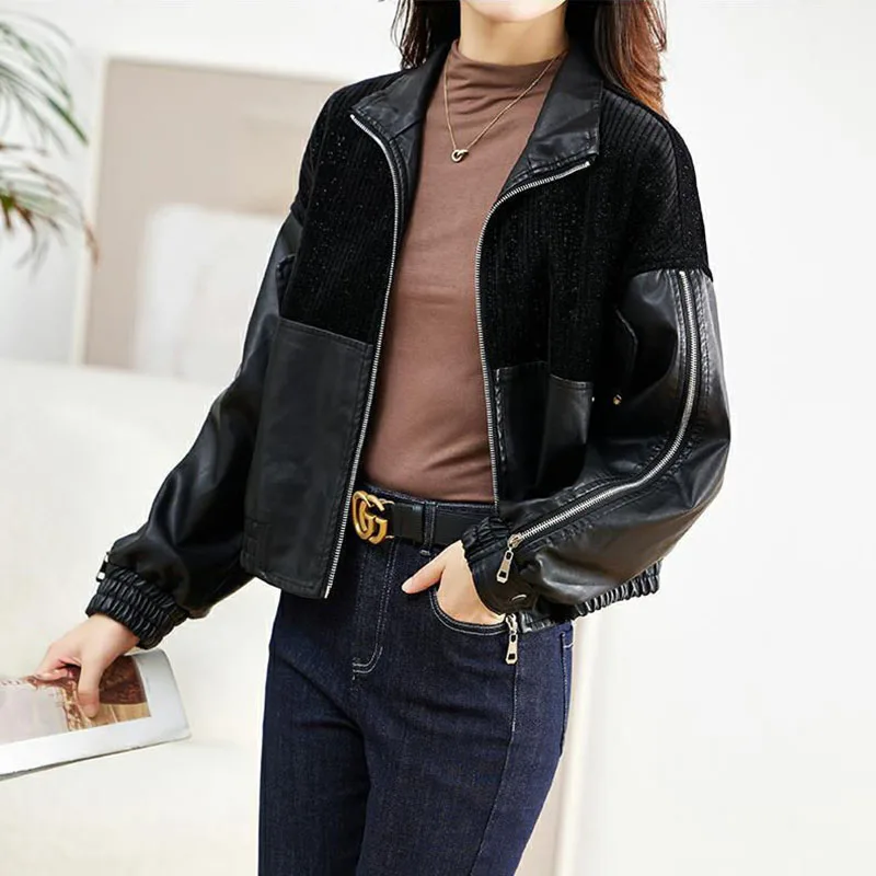 Splicing Short Leather Jackets Women's Outwear Spring Autumn New Fashion Loose Long Sleeve Casual Stand Collar Leather Jacket To