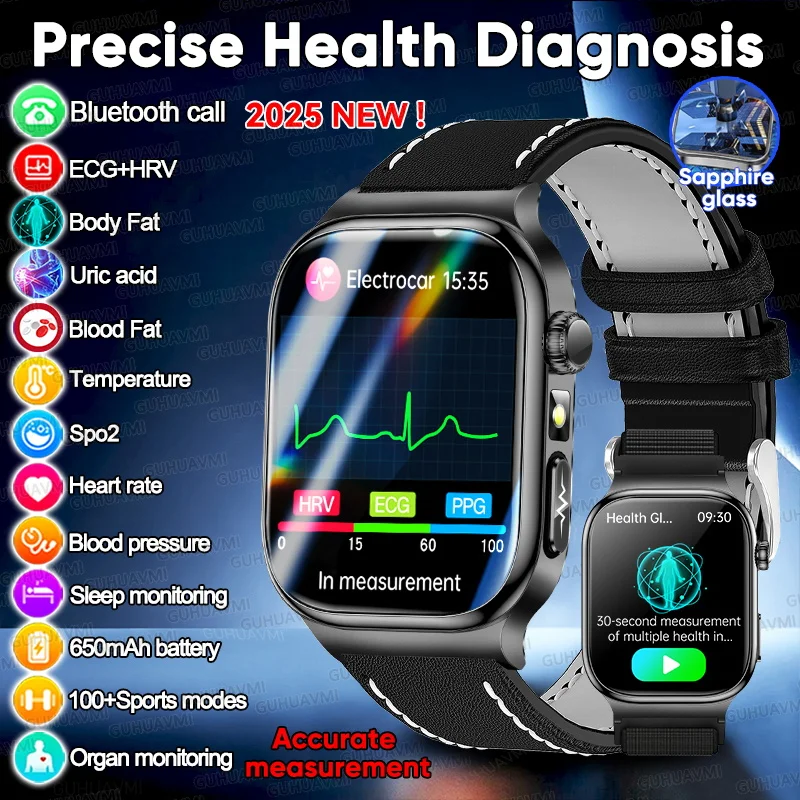 

2025 New Five Organ Health Micro inspection Smart Watch Men Uric Acid Blood lipids ECG+PPG 650mAh Battery Voice Call Smartwatch