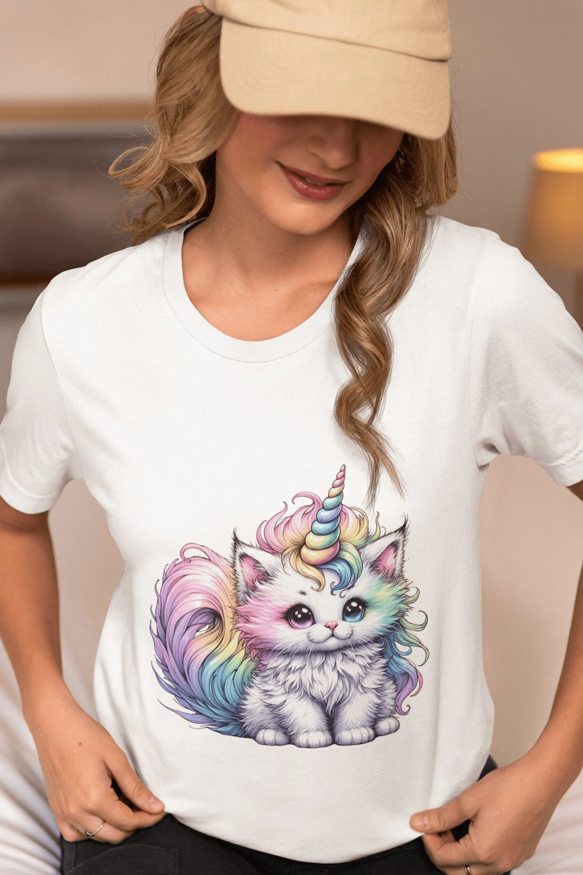 Unicorn Kitten T Shirt Fantasy Cat Top for All Ages Rainbow Horn Tail Whimsical Animal Soft Cotton