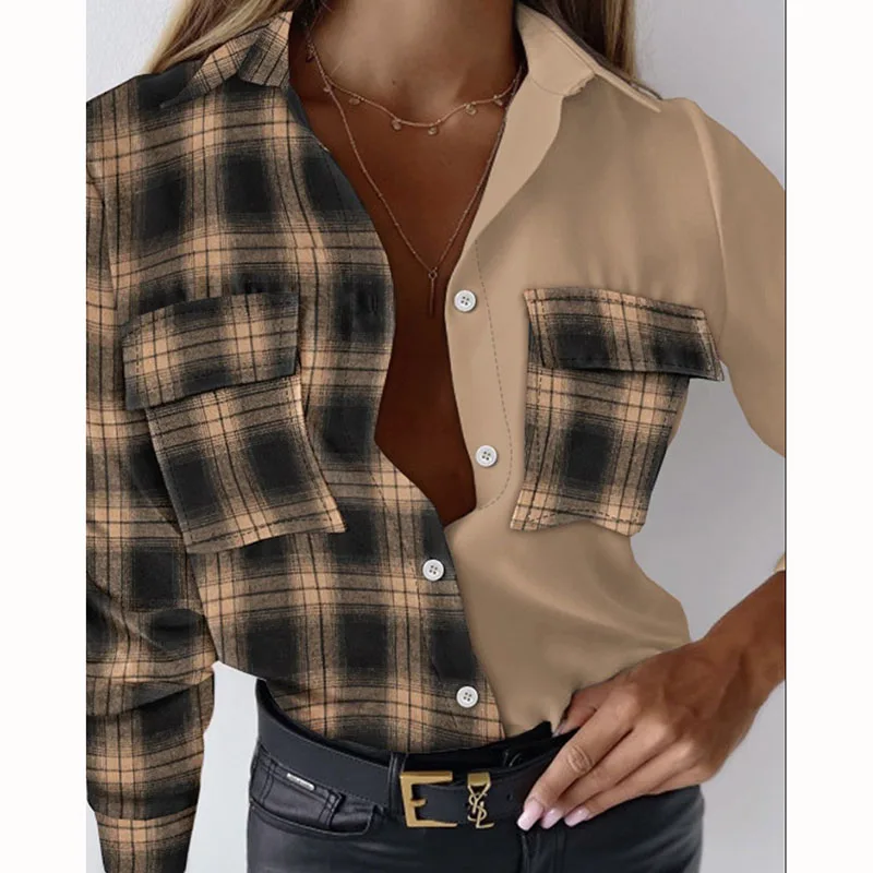 

Female Blouse 2023 Autumn New Long Sleeve Plaid Print Button Pocket Turn-down Collar Fashion Elegant Casual Commute Women Blouse