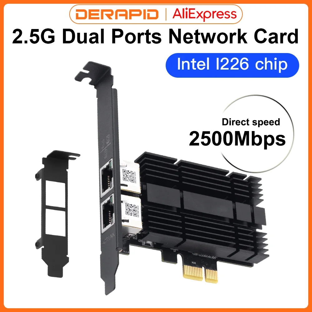 2500Mbps Pcie To RJ45 I226-V Network Card 2.5G Gigabit Ethernet Dual Ports 100/1000/2500Mbps Network Card For Desktop