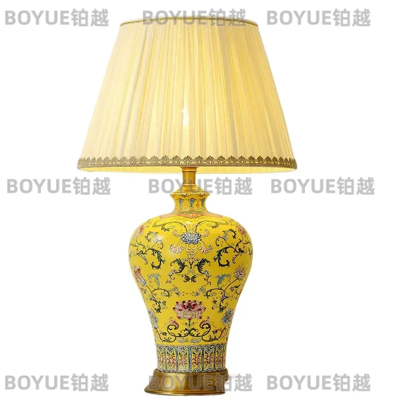 New Chinese Style All Copper Table Lamp Creative Yellow Enamel Ceramic Bedside Light American Retro Decorative Atmosphere