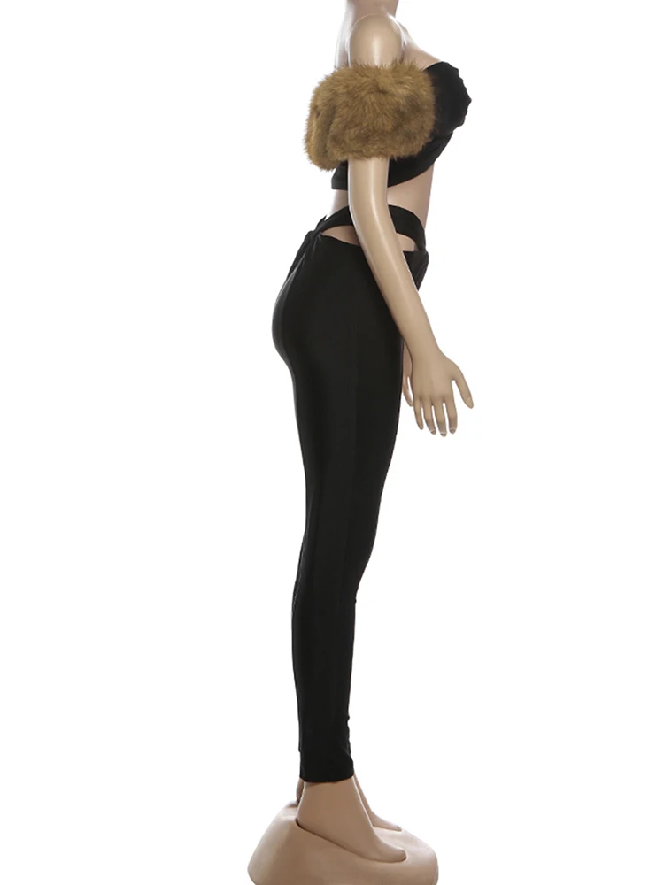 غريب سنور مثير الصليب الجوف المرأة 2 قطعة مجموعة رياضية مائل الرقبة الفراء المرقعة القمم عالية الخصر طماق مطابقة الشارع الشهير