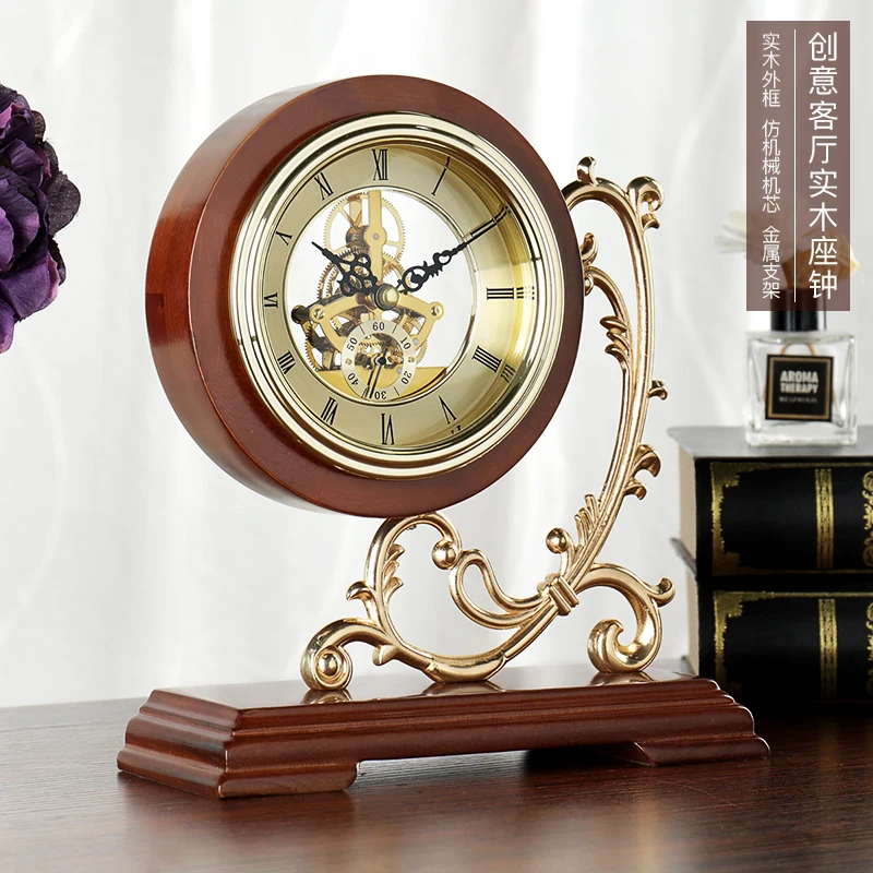 European Style Living Room Desk Clock Solid Wood Mute Watch Nightstand Alarm Clock Desktop Gadgets Restaurant Number Clock