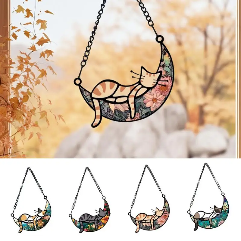 Sleeping Cat on the Moon Window Hanging Pendant Sun Catcher Lover Gift Home Decor Acrylic Cartoon Wall Art Ornament pendant