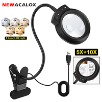 NEWACALOX 5X+10X Magnifying Glass with Light Flexible Gooseneck Arm 5 Color Modes Magnifier Lamp Reading Lamp for DIY Craft