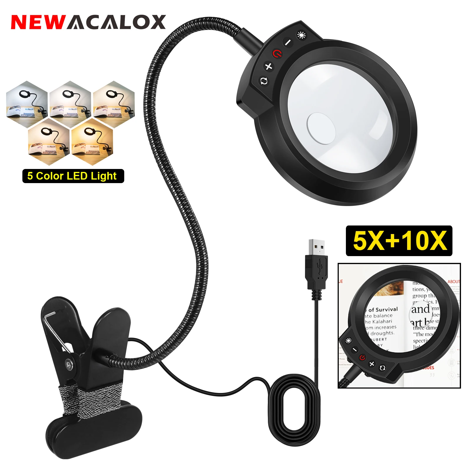 NEWACALOX 5X+10X Magnifying Glass with Light Flexible Gooseneck Arm 5 Color Modes Magnifier Lamp Reading Lamp for DIY Craft