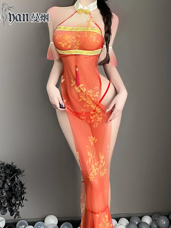 Koi macio sexy gaze malha renda transparente doce topos flor rainha cheongsam fenda longo uniforme vestido elegante 2024 novo laranja d7bq
