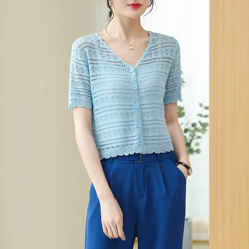 

New 2022 Summer Women Hollow Out Knitwear See Through V-Neck Thin Knit Coat Ladies Single Breasted Knitting Outwear