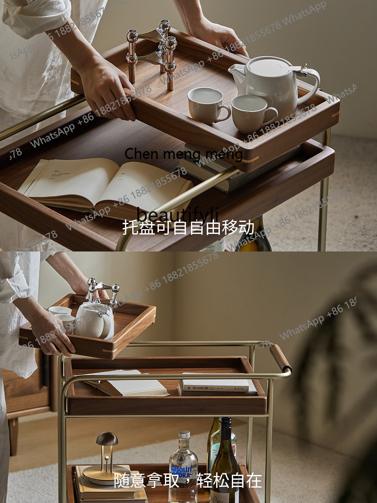 X طاولة جانبية من الخشب الصلب عربة محمولة إسكندنافية من خشب الجوز الأسود شقة صغيرة طاولة قهوة أريكة طاولة جانبية أثاث غرفة المعيشة #4