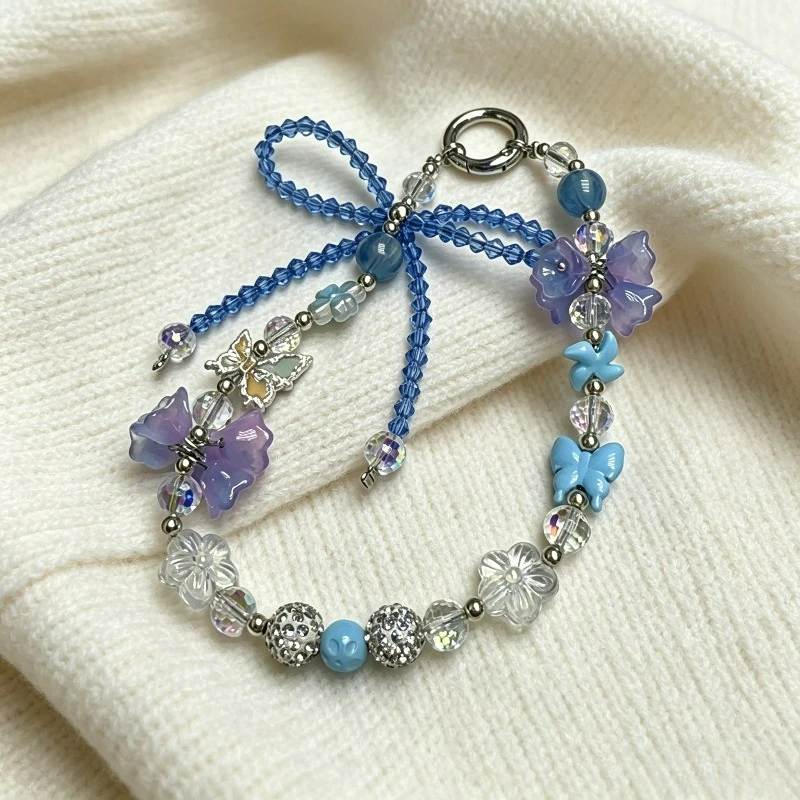 

Blue and Purple Gradual Change Butterfly Mobile Phone Chain, Transparent Crystal Anti-lost Bag Key Pendant