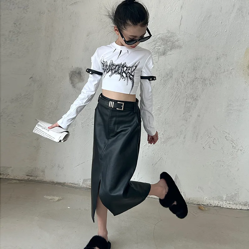 vintage black long skirt retro PU leather autumn winter Korean high waist pockets front split kids clothes teenage 6 to 16 years