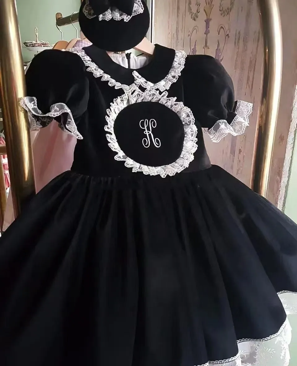 0-12Y Baby Girl Autumn Winter Black Velvet Letter Embroidery Vintage Spanish Princess Ball Gown Dress for Eid Causal