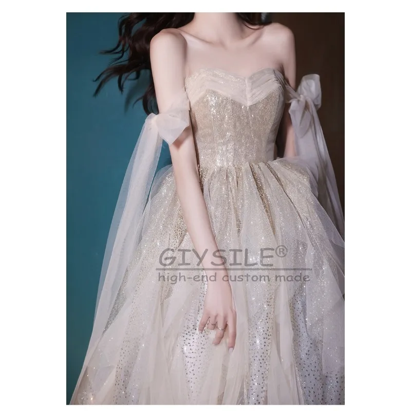 GIYSILE Customized Evening Dress Tube Top Bow Fashion Strap Back Pleated Skirt Banquet Temperament Long Champagne Party Dresses