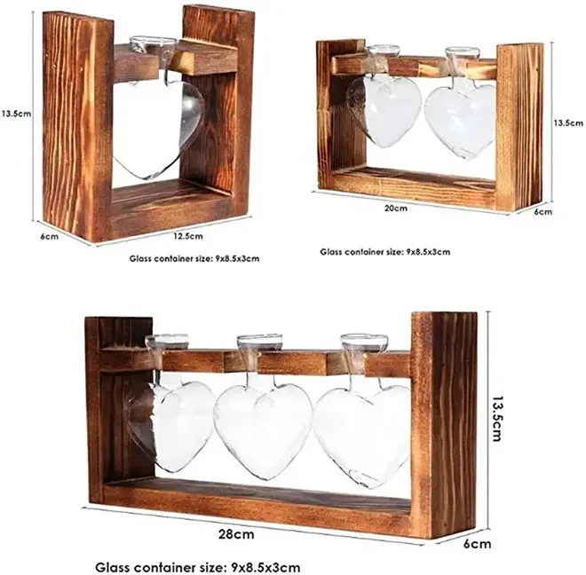 HOT Wooden Frame Glass Vase Hydroponic Plant Vase Vintage Flower Pot Table Desktop Bonsai Heart Shape Home Decor Wedding Vase