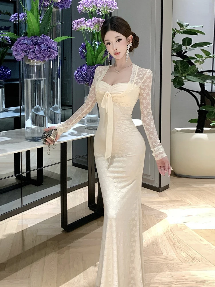 

Элегантное женское кружевное бежевое вечернее платье с квадратным воротником и лентой, искусственная облегающая юбка-русалка из двух частей, вечерние платья, халат