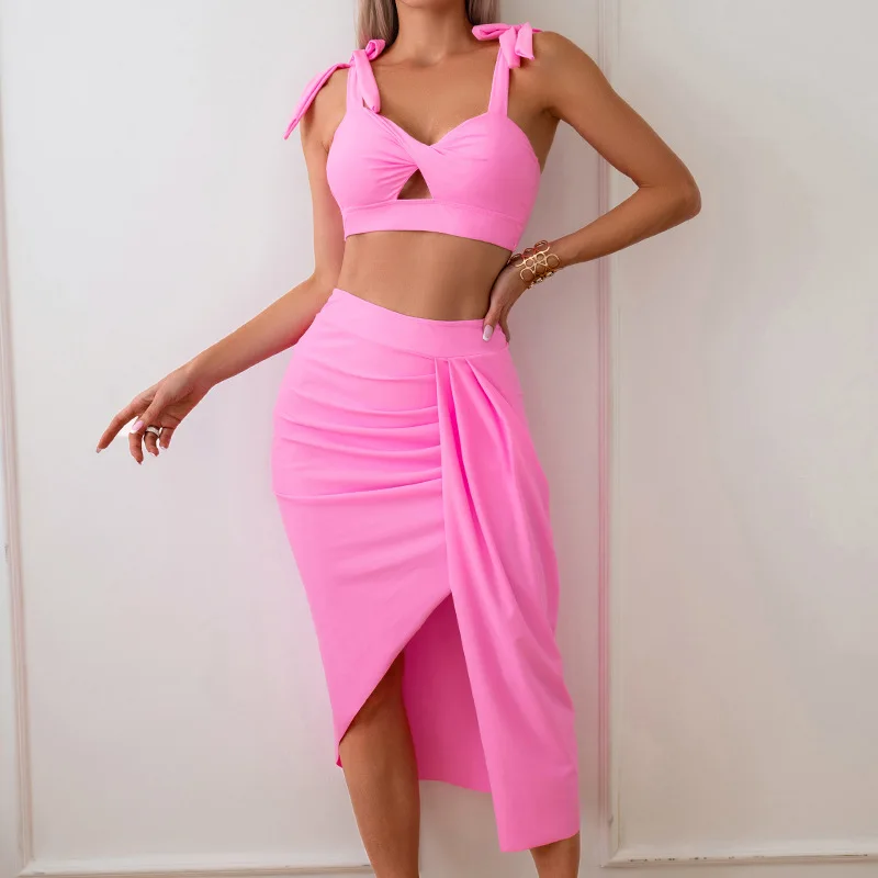 Rsoe-Bikini taille haute rose pour femme, ensemble 3 pièces avec jupe Industries ong, cover-up, maillot de bain noué, vêtements de plage