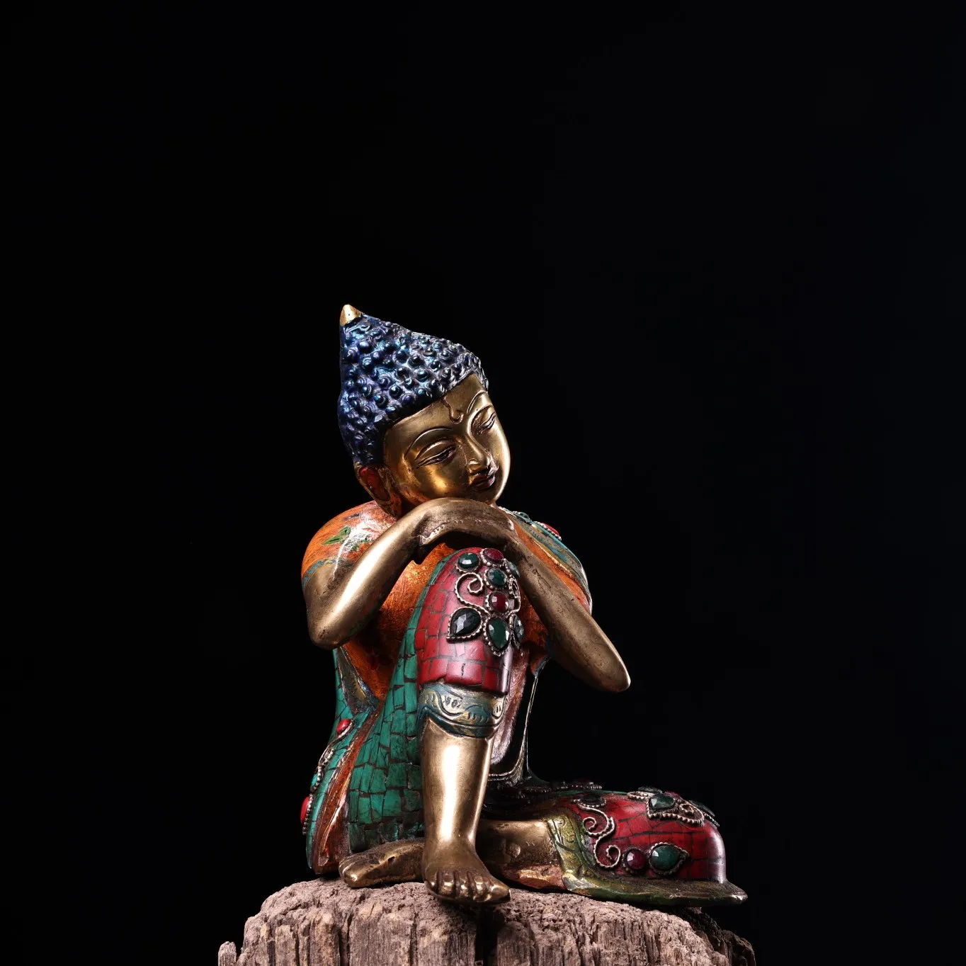 

7"Tibetan Temple Collection Old Bronze Outline in gold Mosaic Gem Turquoise Meditation Sleeping Buddha Amitabha Worship Hall